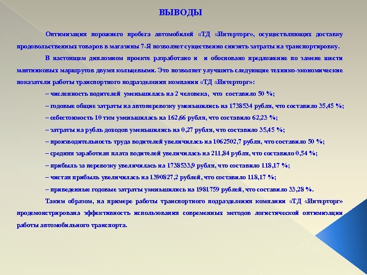 ВЫВОДЫ Оптимизация порожнего пробега автомобилей «ТД «Интерторг» , осуществляющих доставку продовольственных товаров в магазины