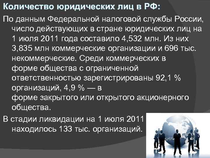 Количество юридических лиц в РФ: По данным Федеральной налоговой службы России, число действующих в