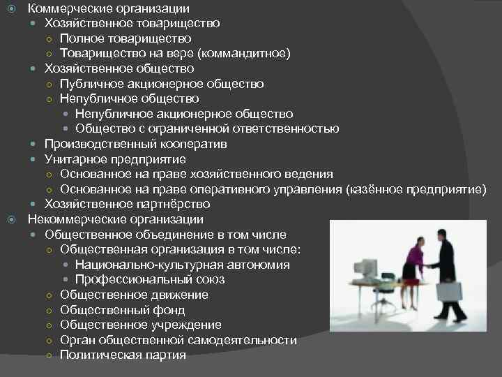 Коммерческие организации Хозяйственное товарищество ○ Полное товарищество ○ Товарищество на вере (коммандитное) Хозяйственное общество