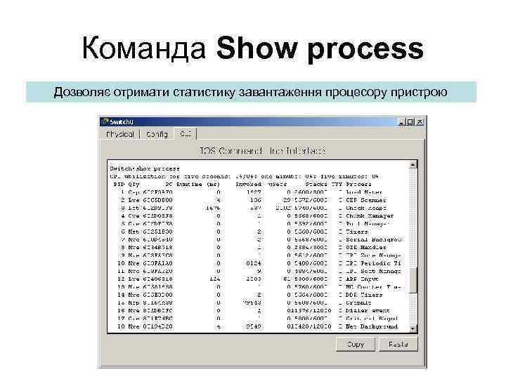 Команда Show process Дозволяє отримати статистику завантаження процесору пристрою 