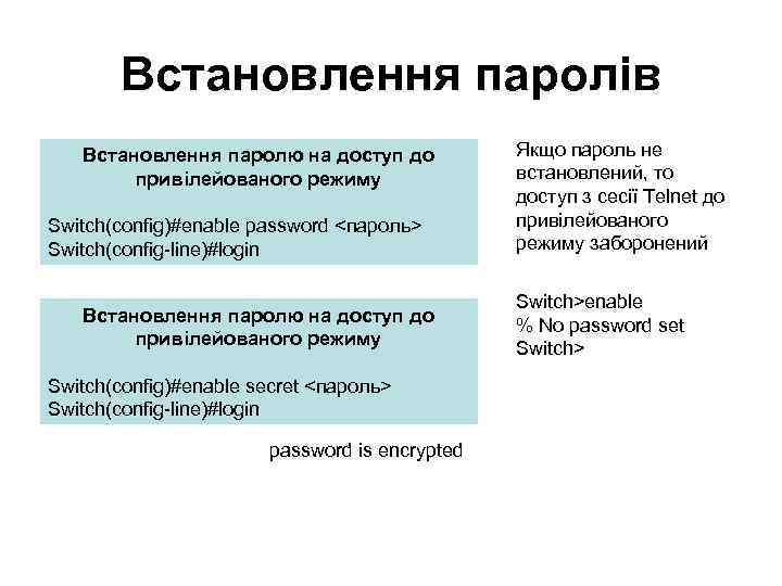 Встановлення паролів Встановлення паролю на доступ до привілейованого режиму Switch(config)#enable password <пароль> Switch(config-line)#login Встановлення