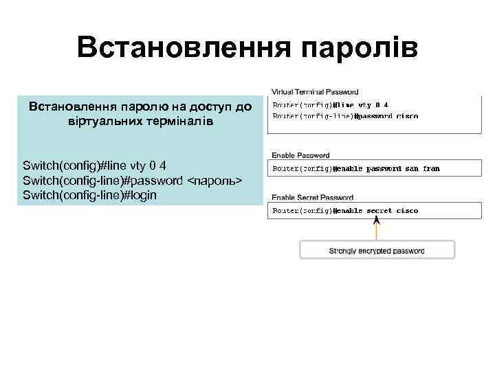 Встановлення паролів Встановлення паролю на доступ до віртуальних терміналів Switch(config)#line vty 0 4 Switch(config-line)#password