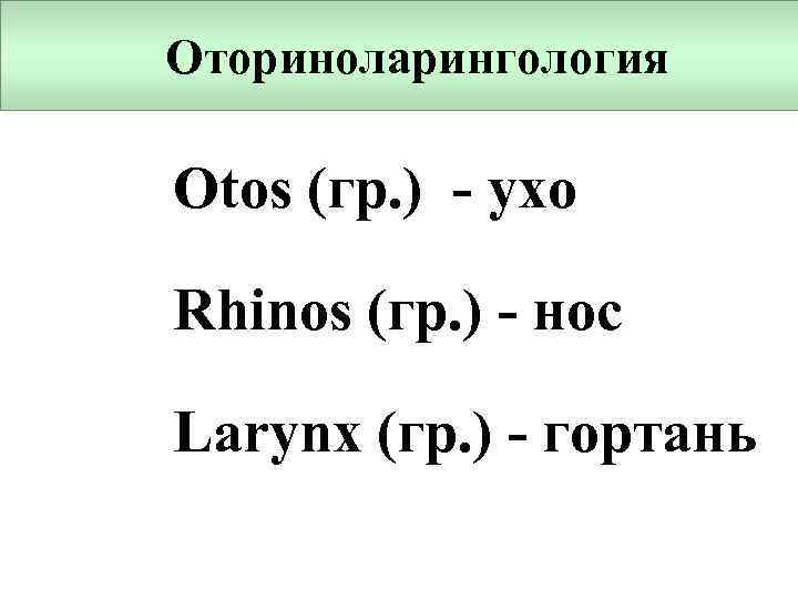 Оториноларингология Otos (гр. ) - ухо Rhinos (гр. ) - нос Larynx (гр. )