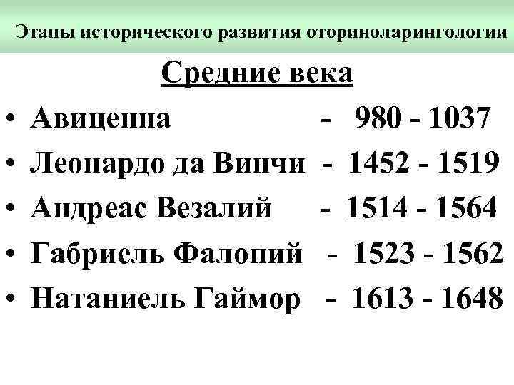 Этапы исторического развития оториноларингологии • • • Средние века Авиценна - 980 - 1037