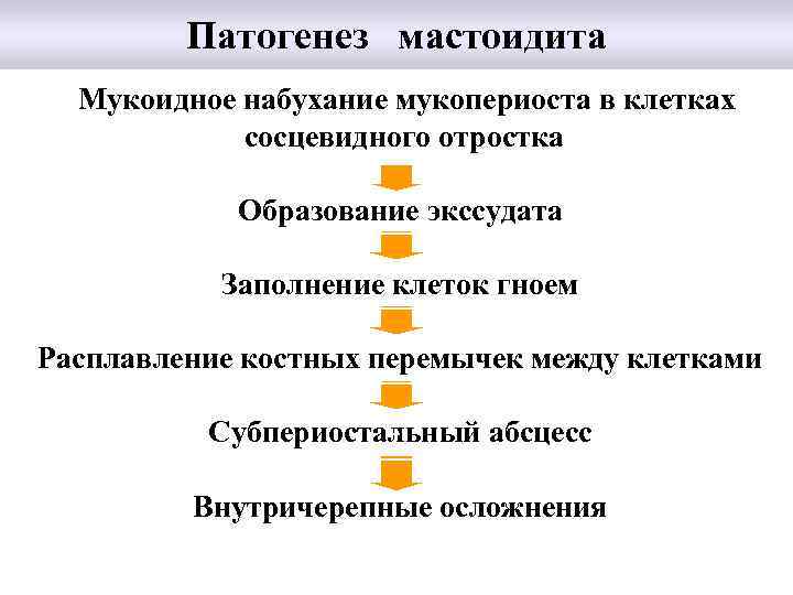 Патогенез мастоидита Мукоидное набухание мукопериоста в клетках сосцевидного отростка Образование экссудата Заполнение клеток гноем