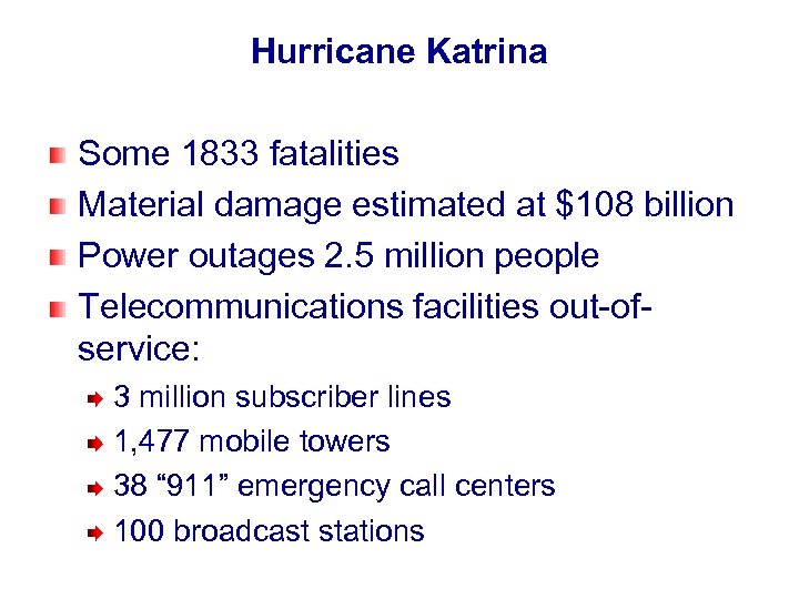 Hurricane Katrina Some 1833 fatalities Material damage estimated at $108 billion Power outages 2.