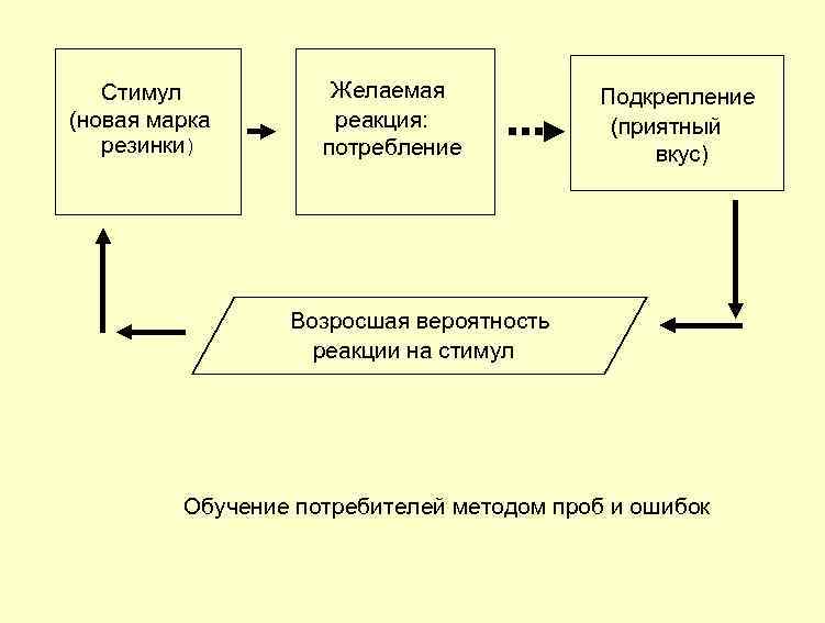  Стимул (новая марка резинки) Желаемая реакция: потребление Подкрепление (приятный вкус) Возросшая вероятность реакции