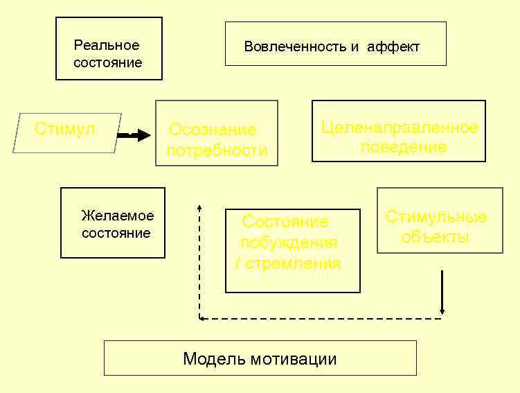  Реальное состояние Стимул Вовлеченность и аффект Осознание потребности Желаемое состояние Целенаправленное поведение Состояние