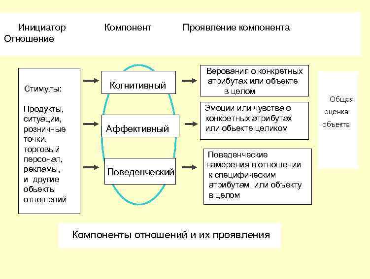  Инициатор Компонент Проявление компонента Отношение Стимулы: Продукты, ситуации, розничные точки, торговый персонал, рекламы,