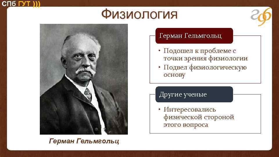 СПб ГУТ ))) Физиология Герман Гельмгольц • Подошел к проблеме с точки зрения физиологии
