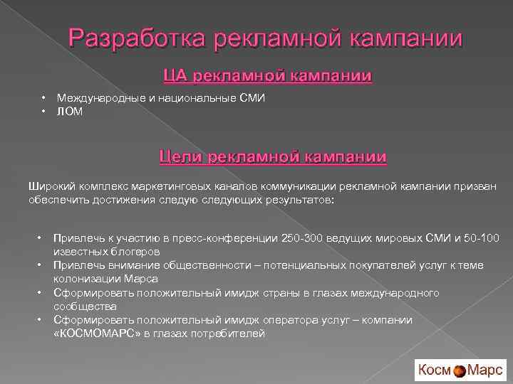 Разработка рекламной кампании ЦА рекламной кампании • • Международные и национальные СМИ ЛОМ Цели