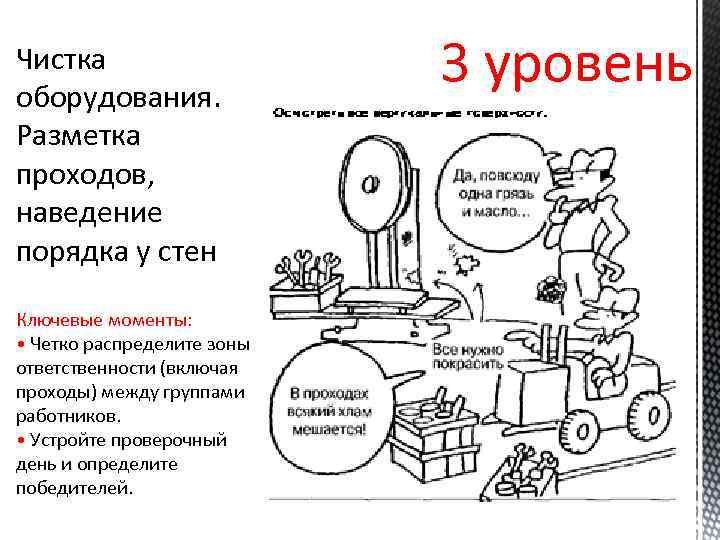 Чистка оборудования. Разметка проходов, наведение порядка у стен Ключевые моменты: • Четко распределите зоны