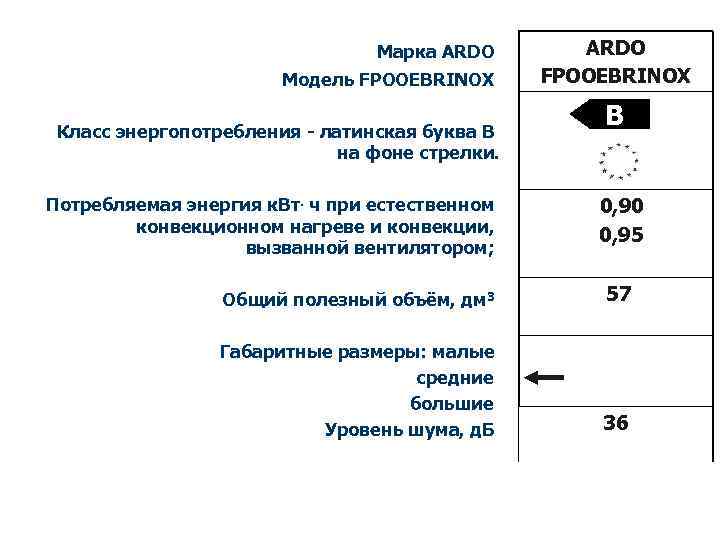 Марка ARDO Модель FPOOEBRINOX Класс энергопотребления - латинская буква В на фоне стрелки. Потребляемая