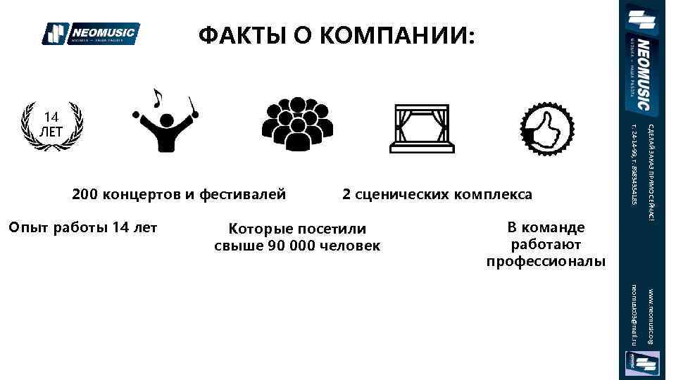 ФАКТЫ О КОМПАНИИ: Опыт работы 14 лет 2 сценических комплекса Которые посетили свыше 90