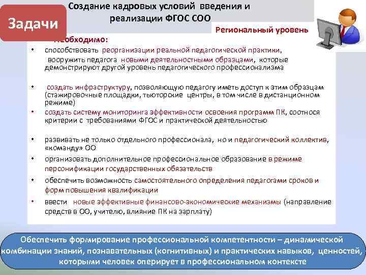 Задачи Создание кадровых условий введения и реализации ФГОС СОО Региональный уровень • Необходимо: •