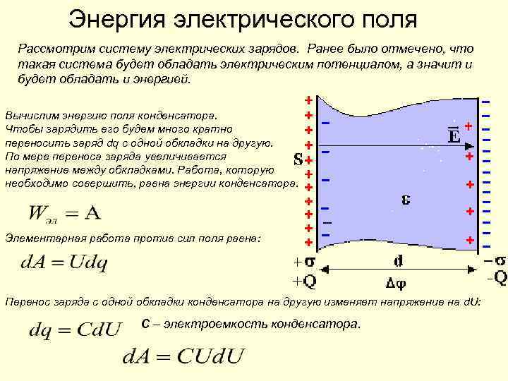 Энергия электрического поля Рассмотрим систему электрических зарядов. Ранее было отмечено, что такая система будет