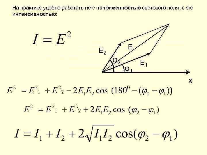 На практике удобно работать не с напряженностью светового поля , с его интенсивностью: E