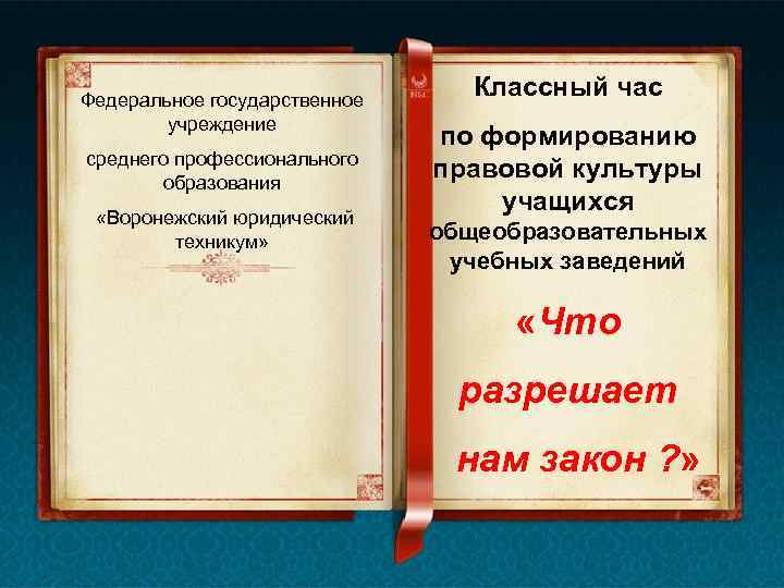 Федеральное государственное учреждение среднего профессионального образования «Воронежский юридический техникум» Классный час по формированию правовой