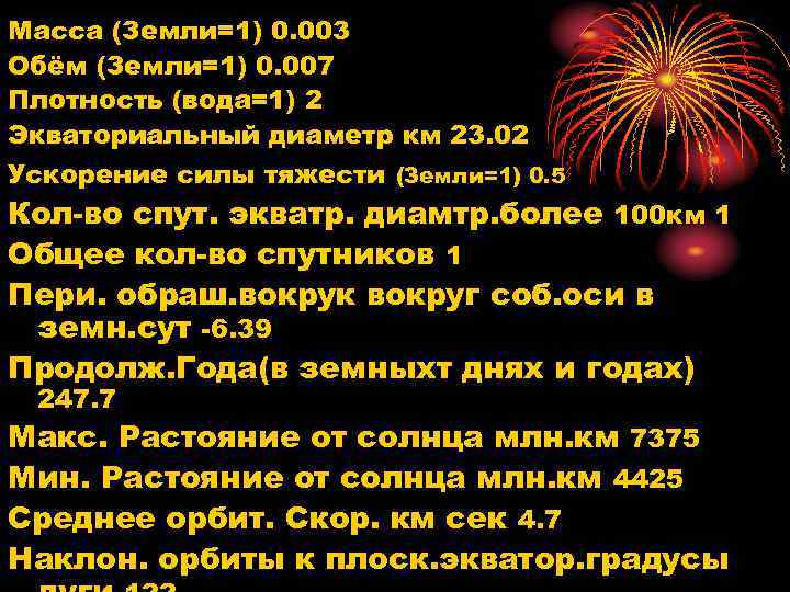 Масса (Земли=1) 0. 003 Обём (Земли=1) 0. 007 Плотность (вода=1) 2 Экваториальный диаметр км