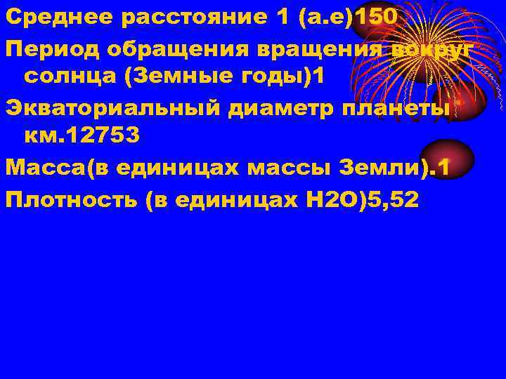 Среднее расстояние 1 (а. е)150 Период обращения вокруг солнца (Земные годы)1 Экваториальный диаметр планеты