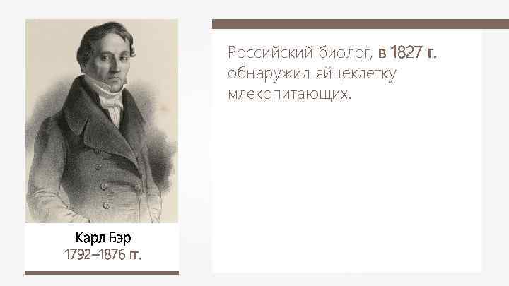 Российский биолог, в 1827 г. обнаружил яйцеклетку млекопитающих. Карл Бэр 1792– 1876 гг. 