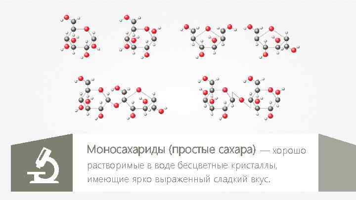 Моносахариды (простые сахара) — хорошо растворимые в воде бесцветные кристаллы, имеющие ярко выраженный сладкий