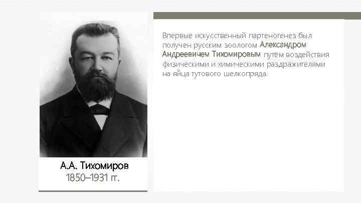 Впервые искусственный партеногенез был получен русским зоологом Александром Андреевичем Тихомировым путём воздействия физическими и