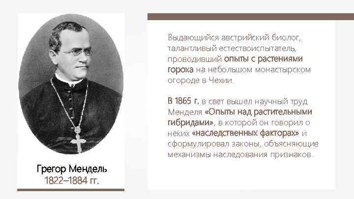 Выдающийся австрийский биолог, талантливый естествоиспытатель, проводивший опыты с растениями гороха на небольшом монастырском огороде