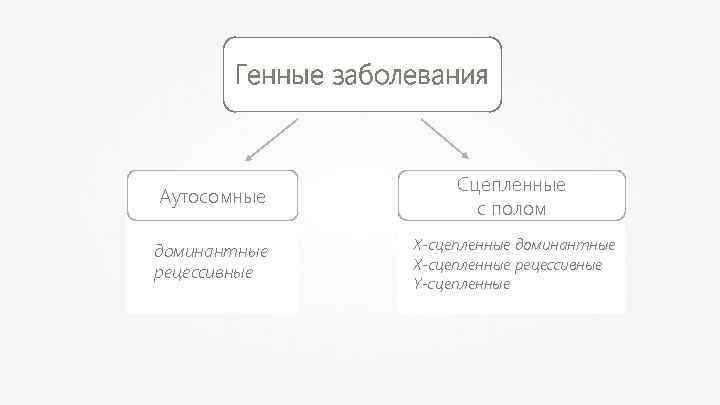 Генные заболевания Аутосомные Сцепленные с полом доминантные рецессивные X-сцепленные доминантные X-сцепленные рецессивные Y-сцепленные 