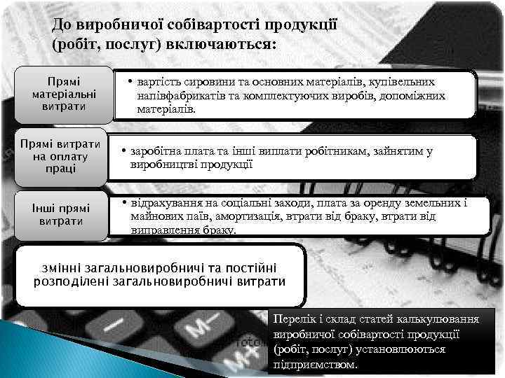 До виробничої собівартості продукції (робіт, послуг) включаються: Прямі матеріальні витрати Прямі витрати на оплату