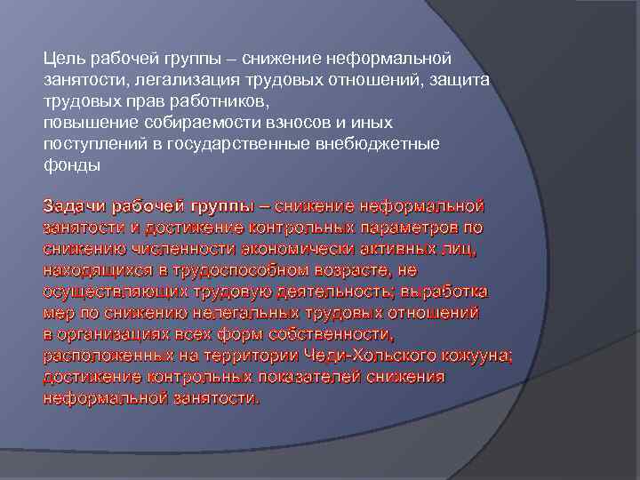 Цель рабочей группы – снижение неформальной занятости, легализация трудовых отношений, защита трудовых прав работников,