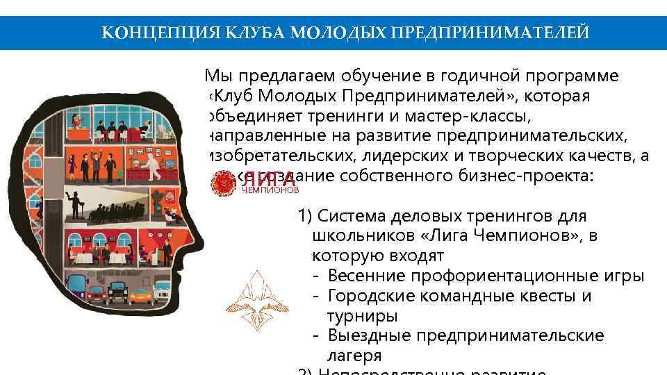 КОНЦЕПЦИЯ КЛУБА МОЛОДЫХ ПРЕДПРИНИМАТЕЛЕЙ Мы предлагаем обучение в годичной программе «Клуб Молодых Предпринимателей» ,