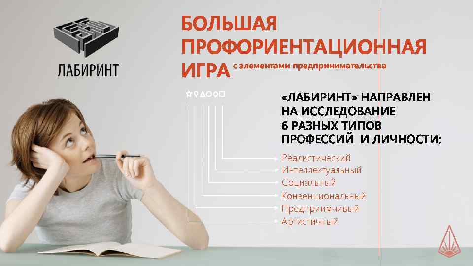 БОЛЬШАЯ ПРОФОРИЕНТАЦИОННАЯ с элементами предпринимательства ИГРА «ЛАБИРИНТ» НАПРАВЛЕН НА ИССЛЕДОВАНИЕ 6 РАЗНЫХ ТИПОВ ПРОФЕССИЙ