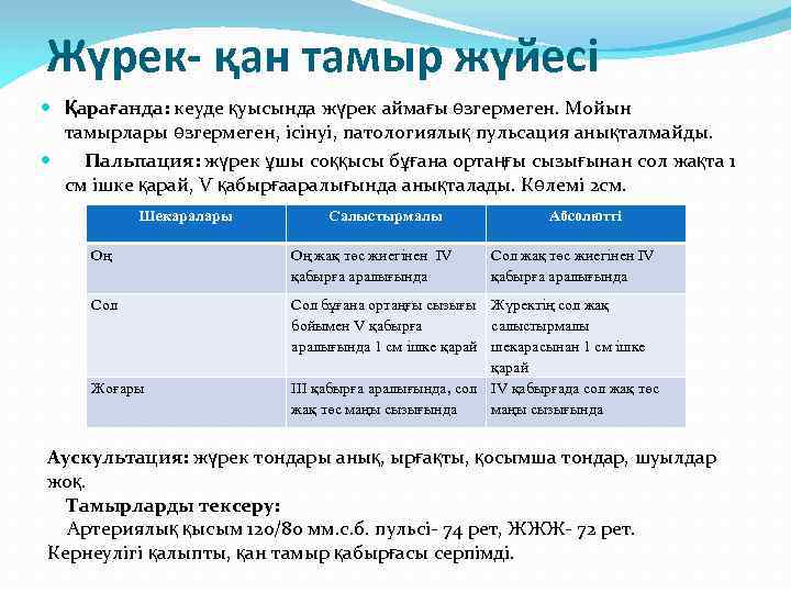 Жүрек- қан тамыр жүйесі Қарағанда: кеуде қуысында жүрек аймағы өзгермеген. Мойын тамырлары өзгермеген, ісінуі,