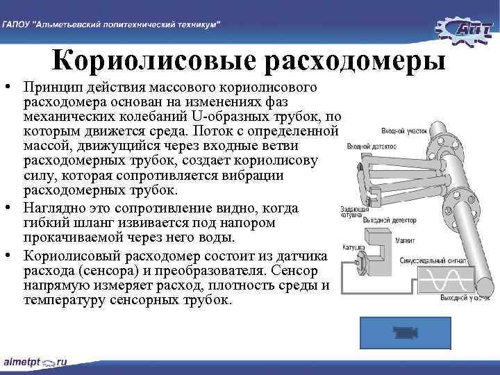 Кориолисовые расходомеры • Принцип действия массового кориолисового расходомера основан на изменениях фаз механических колебаний