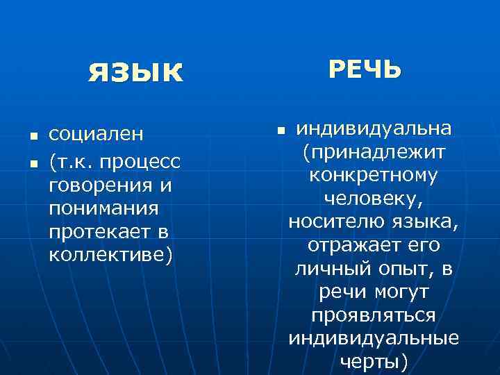 язык n n социален (т. к. процесс говорения и понимания протекает в коллективе) РЕЧЬ