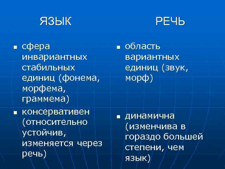 ЯЗЫК n n сфера инвариантных стабильных единиц (фонема, морфема, граммема) консервативен (относительно устойчив, изменяется