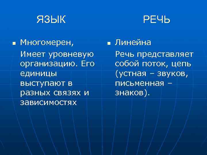 ЯЗЫК n Многомерен, Имеет уровневую организацию. Его единицы выступают в разных связях и зависимостях