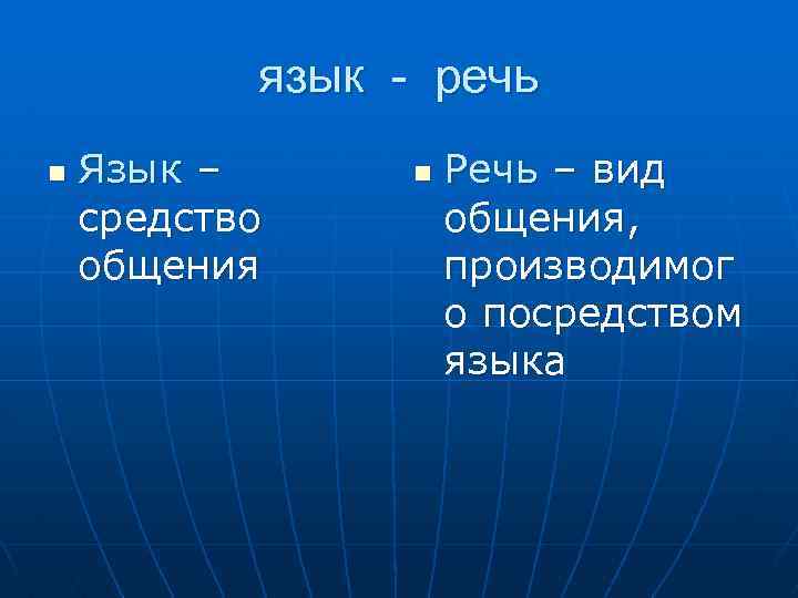 язык - речь n Язык – средство общения n Речь – вид общения, производимог