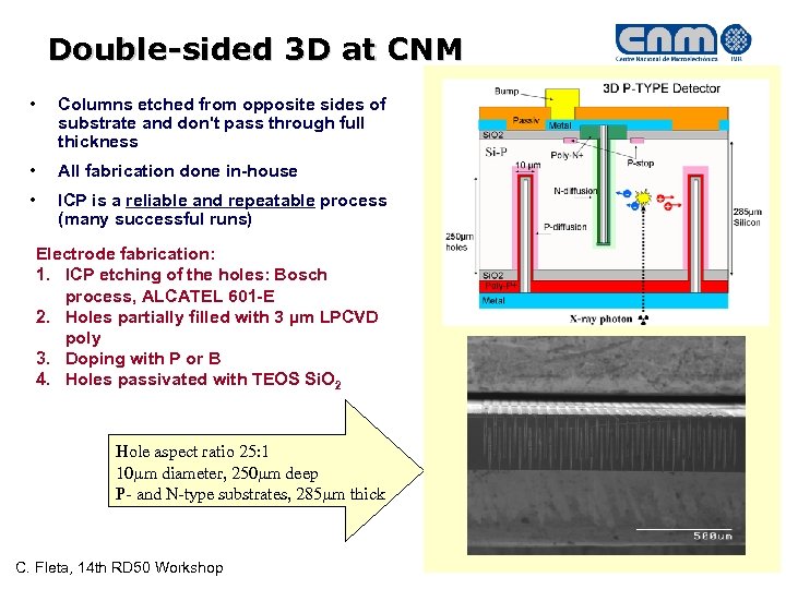 Double-sided 3 D at CNM • Columns etched from opposite sides of substrate and