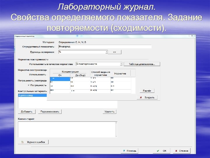 Лабораторный журнал. Свойства определяемого показателя. Задание повторяемости (сходимости). 