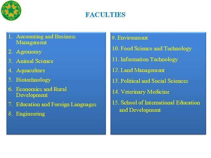 FACULTIES 1. Accounting and Business Management 2. Agronomy 9. Environment 10. Food Science and