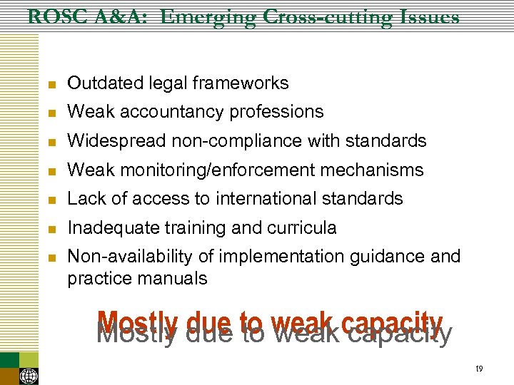 ROSC A&A: Emerging Cross-cutting Issues n n Outdated legal frameworks Weak accountancy professions n