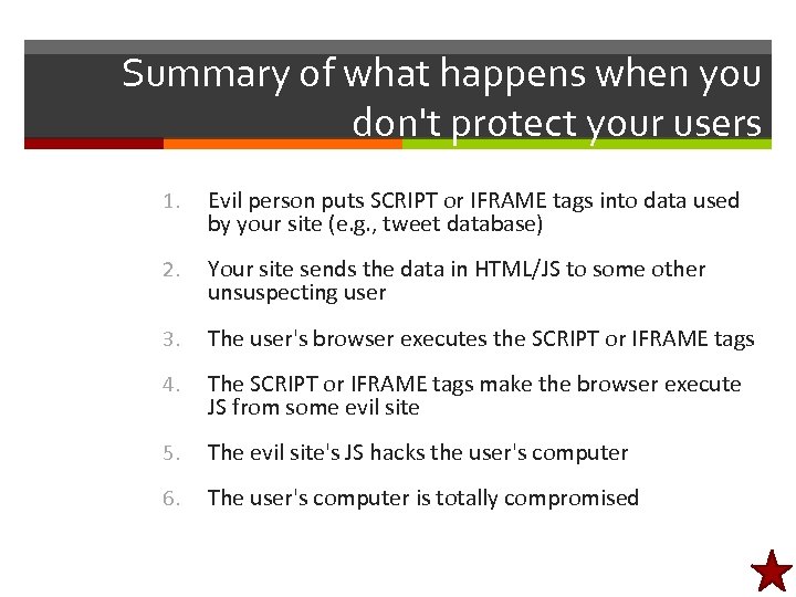 Summary of what happens when you don't protect your users 1. Evil person puts