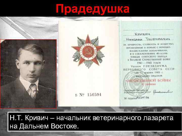  Прадедушка Н. Т. Кривич – начальник ветеринарного лазарета на Дальнем Востоке. 