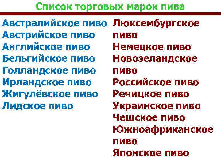 Список торговых марок пива Австралийское пиво Люксембургское Австрийское пиво Английское пиво Немецкое пиво Бельгийское