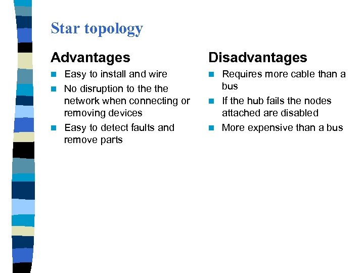 Star topology Advantages Disadvantages Easy to install and wire n No disruption to the