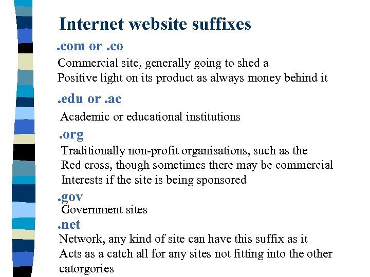 Internet website suffixes. com or. co Commercial site, generally going to shed a Positive