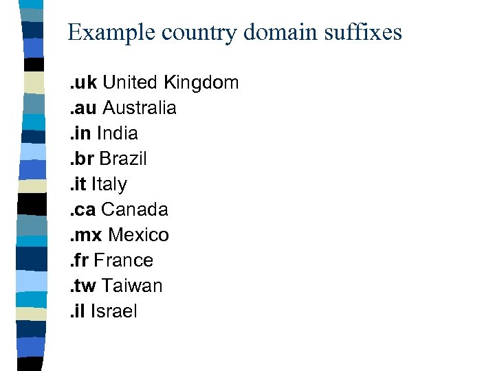 Example country domain suffixes. uk United Kingdom. au Australia. in India. br Brazil. it