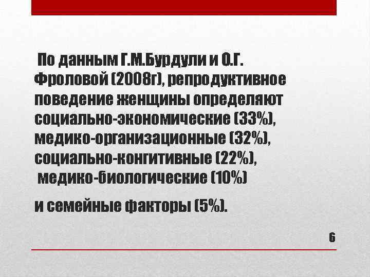 По данным Г. М. Бурдули и О. Г. Фроловой (2008 г), репродуктивное поведение женщины
